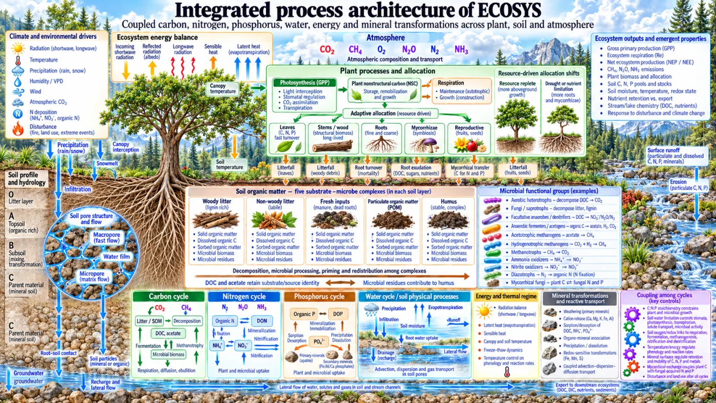 Integrated process architecture of ecosys: coupled carbon, nitrogen, phosphorus, water, energy and mineral transformations across plant, soil and atmosphere, including plant allocation, five substrate-microbe complexes, microbial functional groups and soil hydrology